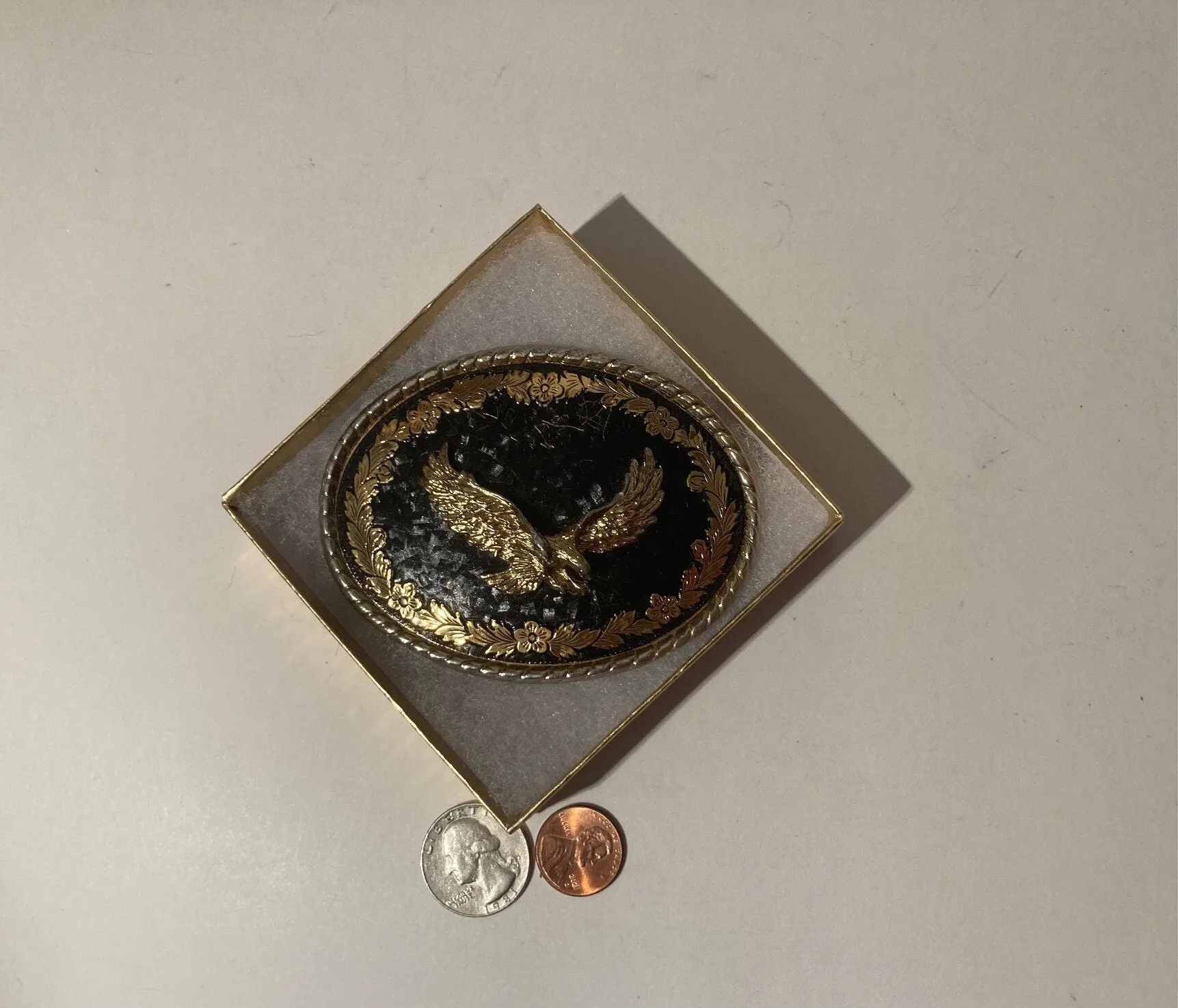 Vintage Metal Belt Buckle, Eagle, Brass and Silver, Nice Design, 3 3/4" x 2 3/4", Heavy Duty, Quality, Thick Metal, Made in USA, For Belts