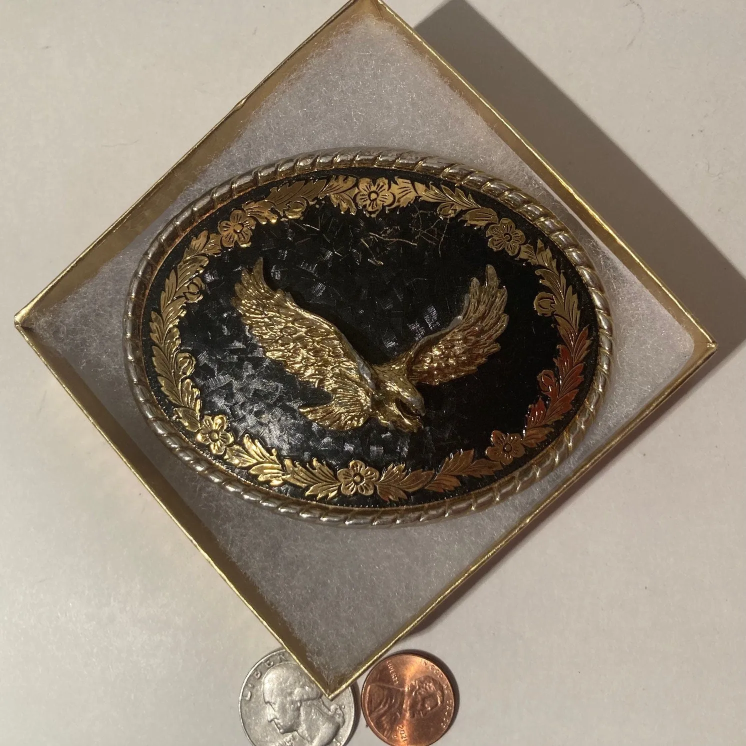 Vintage Metal Belt Buckle, Eagle, Brass and Silver, Nice Design, 3 3/4" x 2 3/4", Heavy Duty, Quality, Thick Metal, Made in USA, For Belts