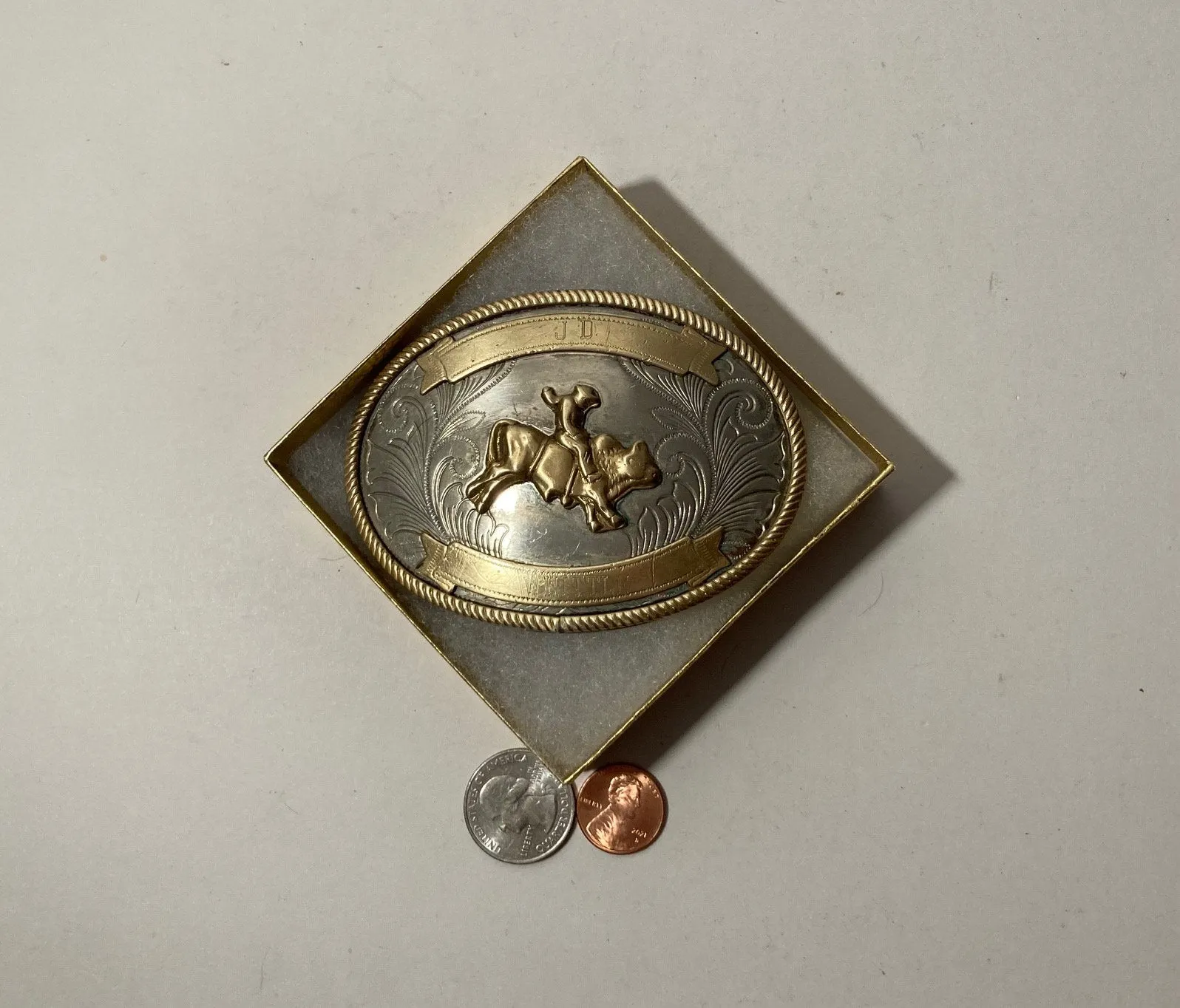Vintage Metal Belt Buckle, German Silver and Brass, Bull Riding, JD Whittle, Nice Western Design, 3 3/4" x 2 3/4", Heavy Duty, Quality