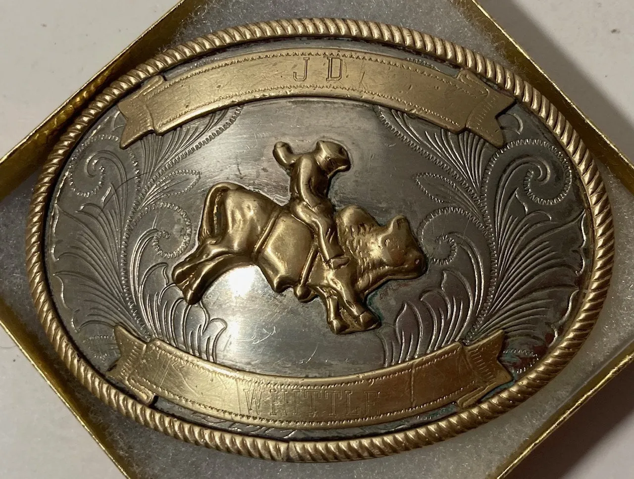 Vintage Metal Belt Buckle, German Silver and Brass, Bull Riding, JD Whittle, Nice Western Design, 3 3/4" x 2 3/4", Heavy Duty, Quality