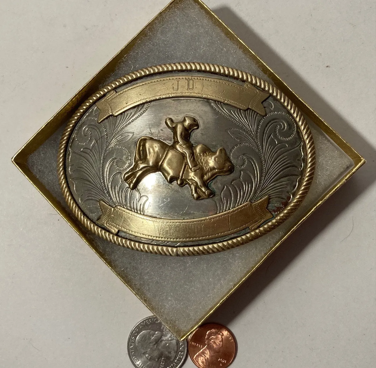 Vintage Metal Belt Buckle, German Silver and Brass, Bull Riding, JD Whittle, Nice Western Design, 3 3/4" x 2 3/4", Heavy Duty, Quality