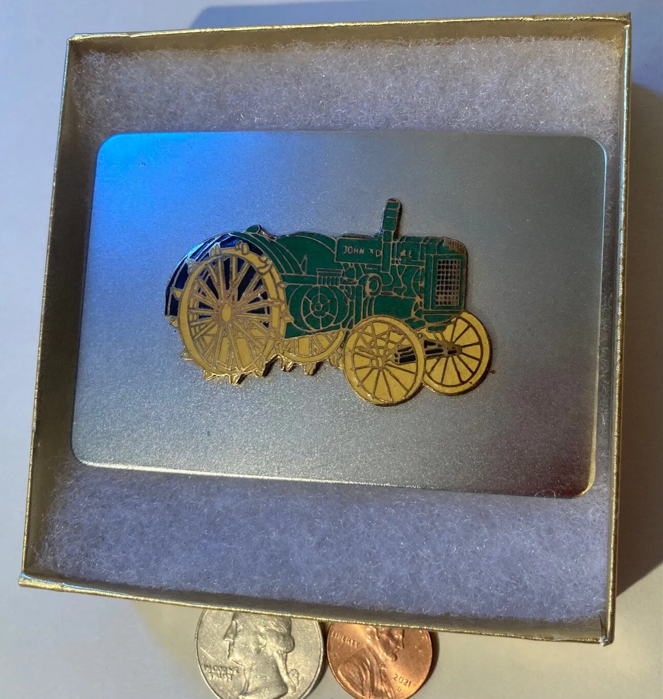 Vintage Metal Belt Buckle, John Deere, Tractor, Steel Wheels, 3 1/4" x 2 1/4", Heavy Duty, Quality, Made in USA, Thick Metal, For Belts