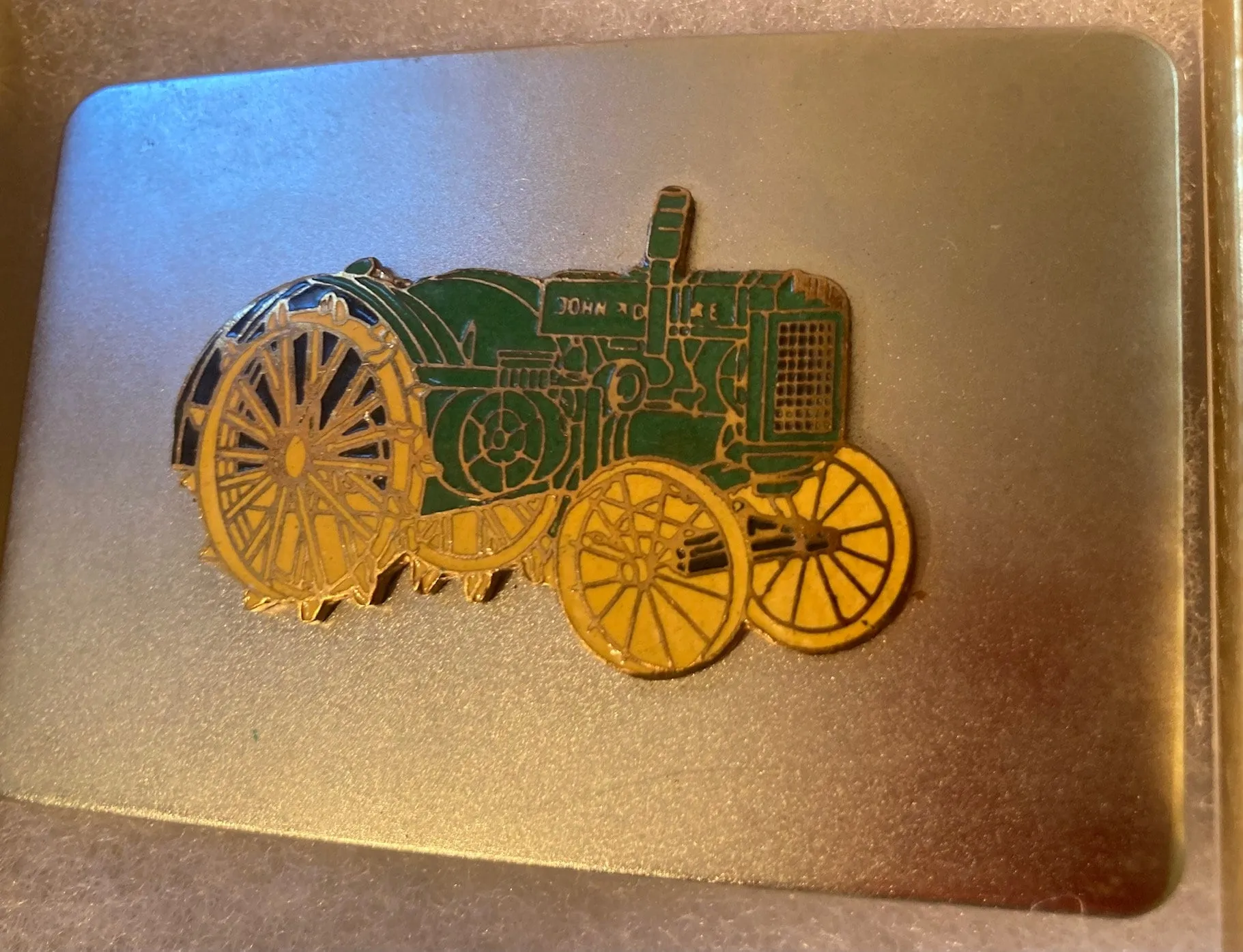 Vintage Metal Belt Buckle, John Deere, Tractor, Steel Wheels, 3 1/4" x 2 1/4", Heavy Duty, Quality, Made in USA, Thick Metal, For Belts
