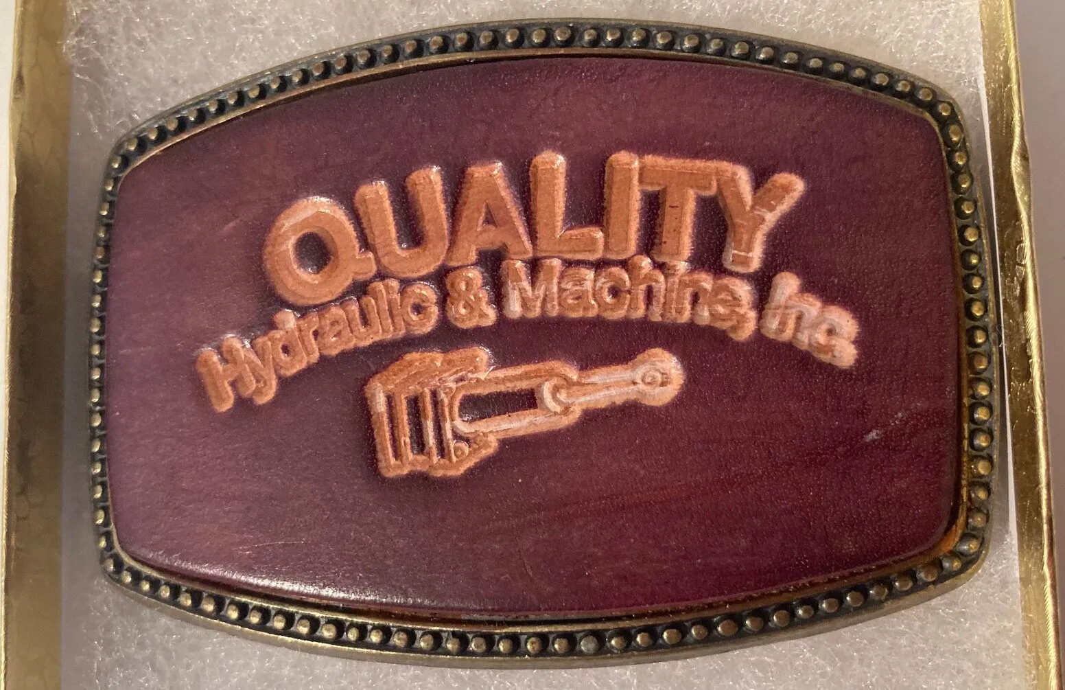 Vintage Metal Belt Buckle, Leather, Quality Hydraulic & Machine, Inc, 3 1/2" x 2 1/4", Heavy Duty, Quality, Thick Metal, Made in USA