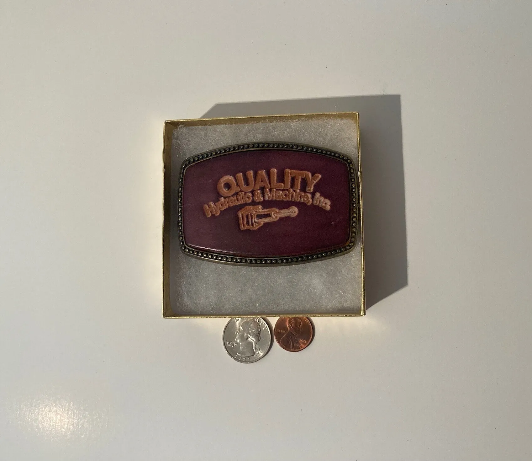Vintage Metal Belt Buckle, Leather, Quality Hydraulic & Machine, Inc, 3 1/2" x 2 1/4", Heavy Duty, Quality, Thick Metal, Made in USA
