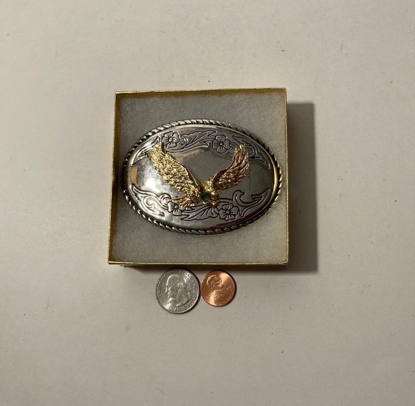 Vintage Metal Belt Buckle, Nice Brass Eagle, Nice Design, 3 1/2" x 2 1/2", Heavy Duty, Quality, Thick Metal, Made in USA, For Belts