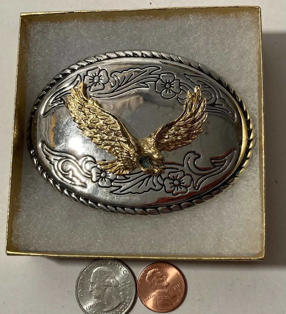 Vintage Metal Belt Buckle, Nice Brass Eagle, Nice Design, 3 1/2" x 2 1/2", Heavy Duty, Quality, Thick Metal, Made in USA, For Belts
