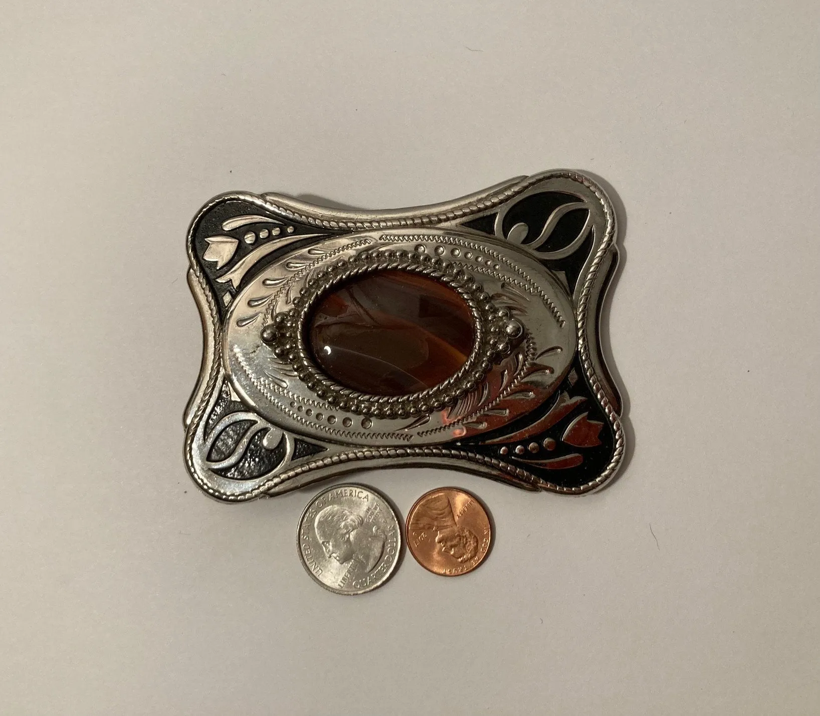 Vintage Metal Belt Buckle, Nice Brown Stripped Stone Design, Nice Western Design, 4" x 2 1/4", Heavy Duty, Quality, Thick Metal