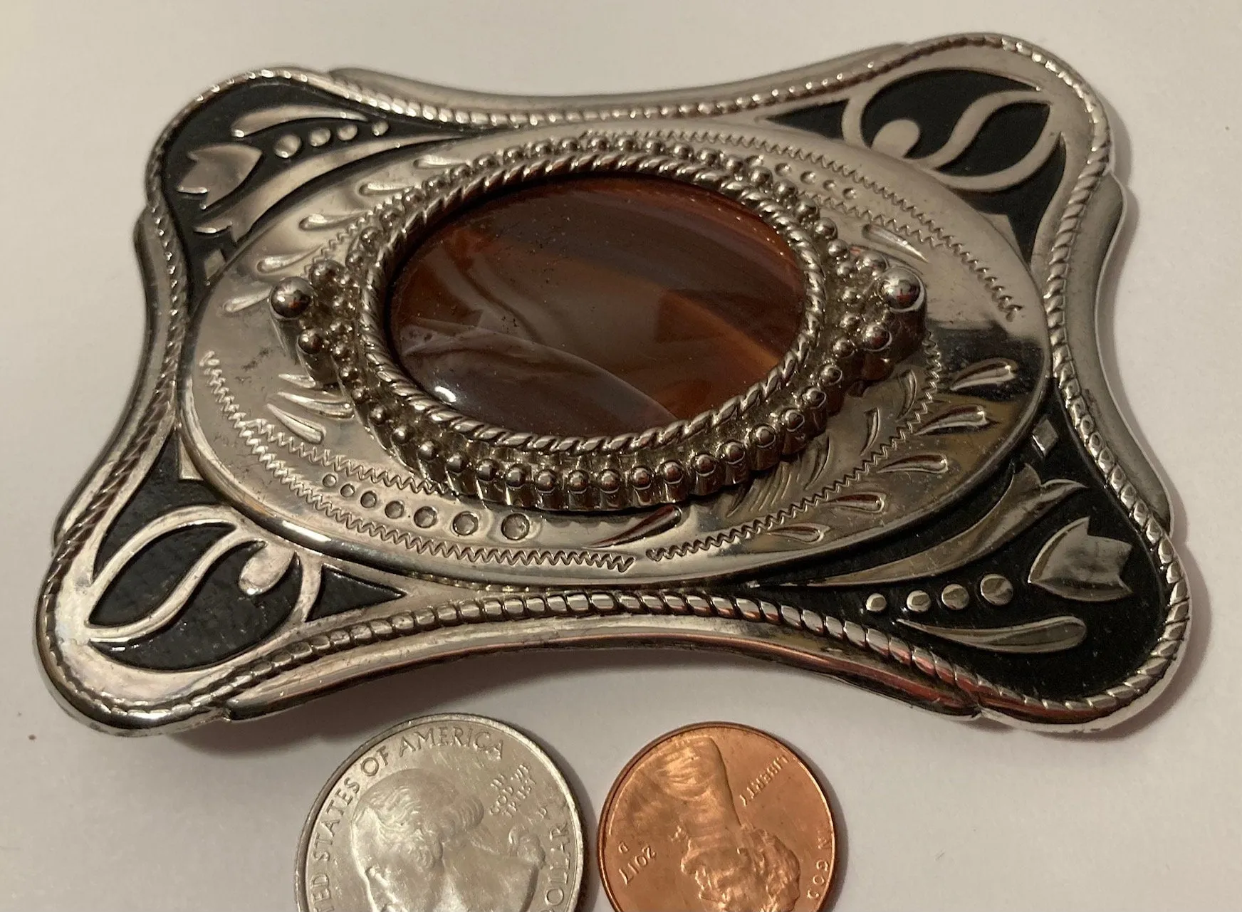 Vintage Metal Belt Buckle, Nice Brown Stripped Stone Design, Nice Western Design, 4" x 2 1/4", Heavy Duty, Quality, Thick Metal