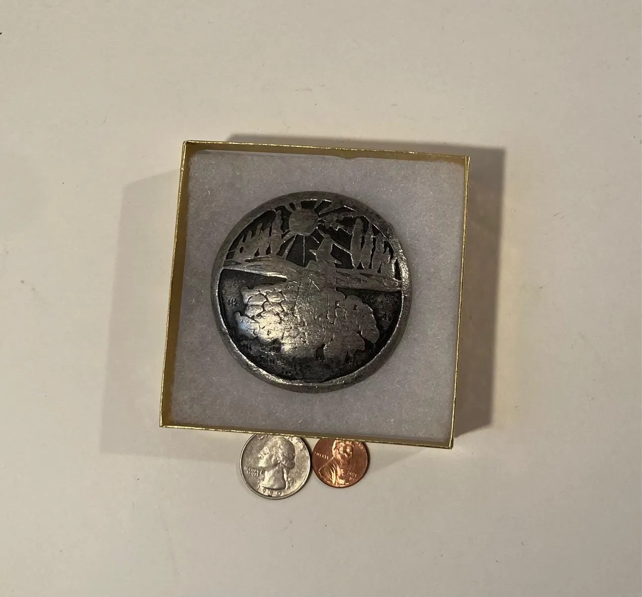 Vintage Metal Belt Buckle, Pewter, Sunshine, Bloomington, Indiana, Nice Design, 2 1/2" x 2 1/2", Heavy Duty, Quality