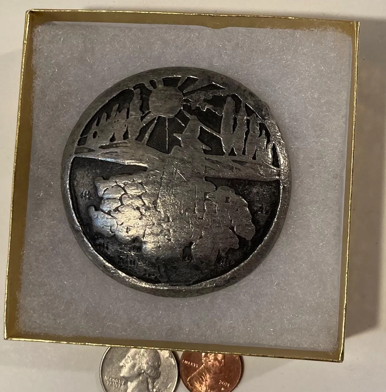 Vintage Metal Belt Buckle, Pewter, Sunshine, Bloomington, Indiana, Nice Design, 2 1/2" x 2 1/2", Heavy Duty, Quality