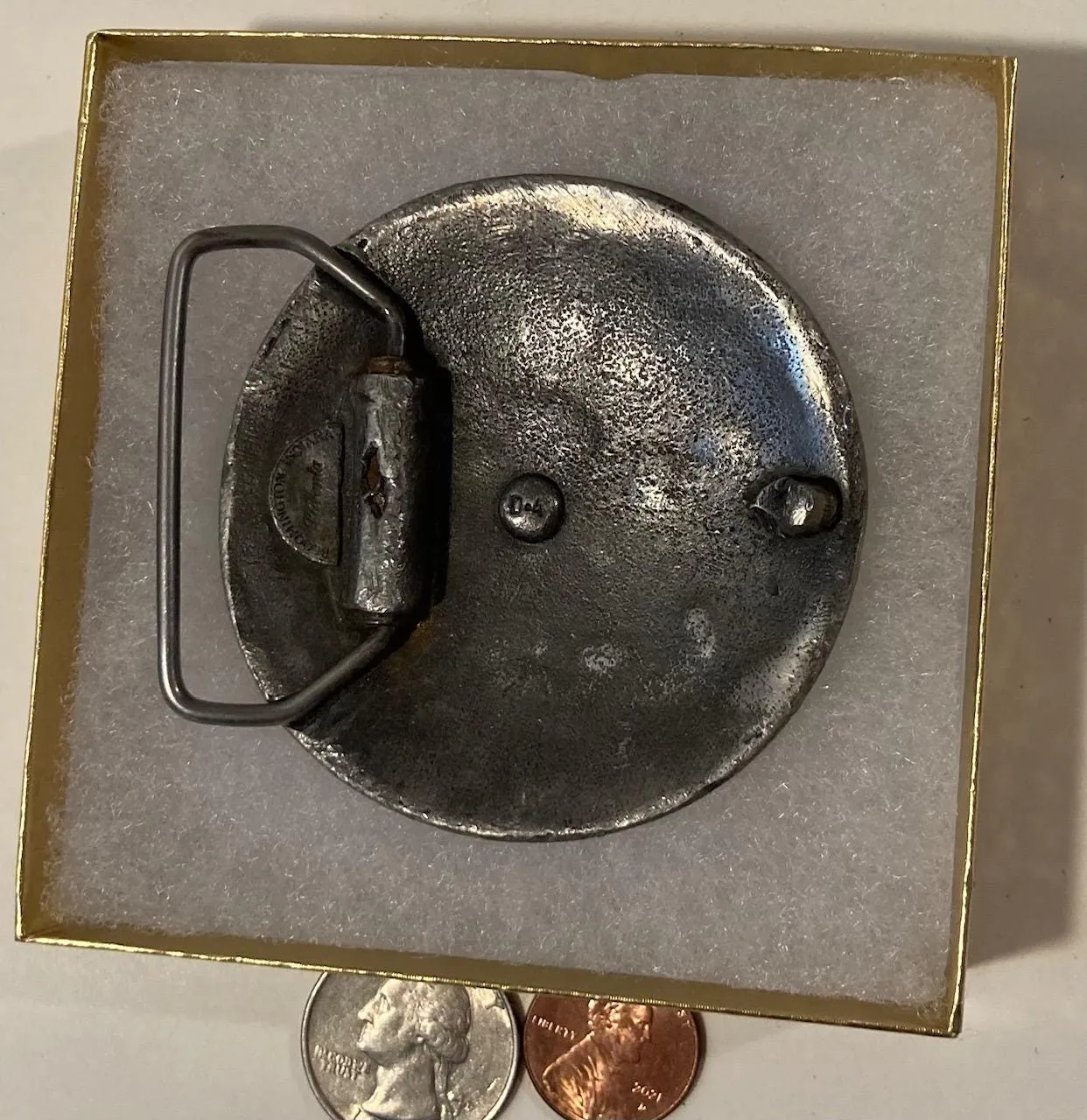 Vintage Metal Belt Buckle, Pewter, Sunshine, Bloomington, Indiana, Nice Design, 2 1/2" x 2 1/2", Heavy Duty, Quality
