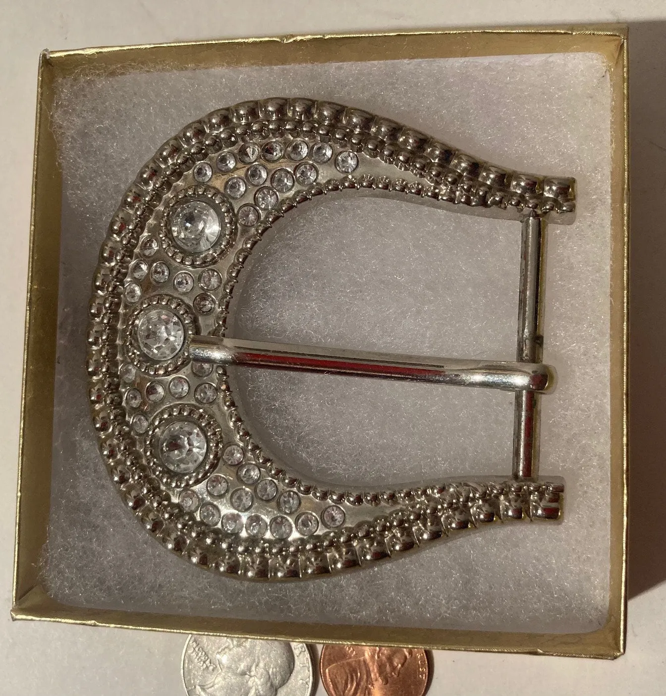 Vintage Metal Belt Buckle, Rhinestone, Crystals, Horse Style, West, Nice, 3" x 3", Heavy Duty, Quality, Thick Metal, Made in USA, For Belts
