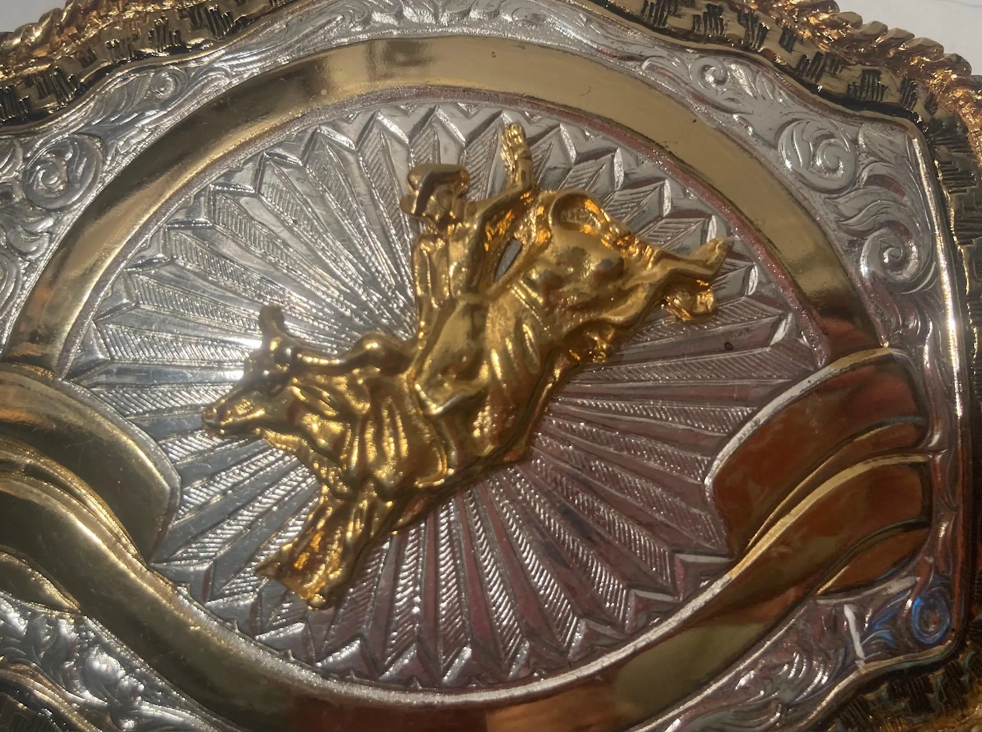 Vintage Metal Belt Buckle, Silver and Brass, Big Size, Bull Riding, Rodeo, Nice Design, 4 3/4" x 4", Heavy Duty, Quality, Thick Metal