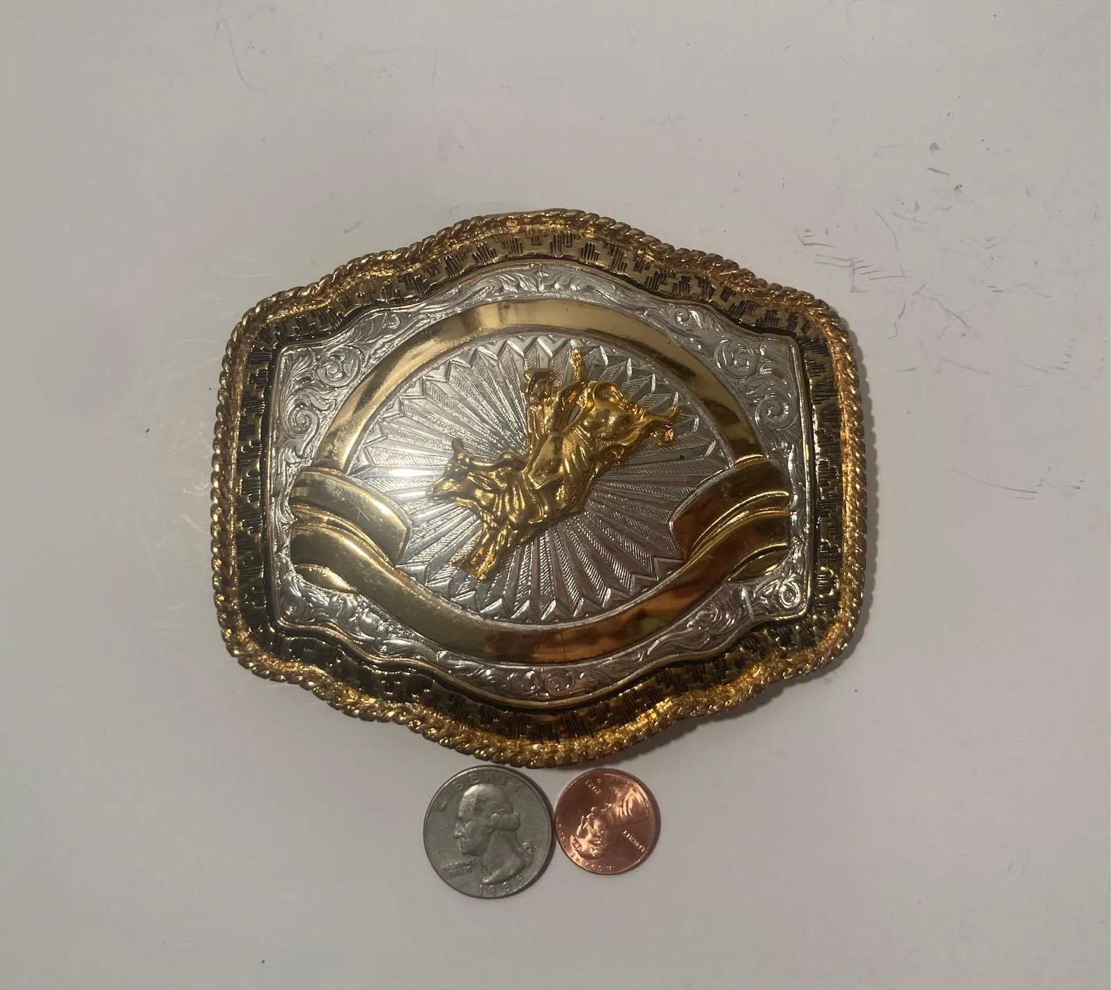 Vintage Metal Belt Buckle, Silver and Brass, Big Size, Bull Riding, Rodeo, Nice Design, 4 3/4" x 4", Heavy Duty, Quality, Thick Metal