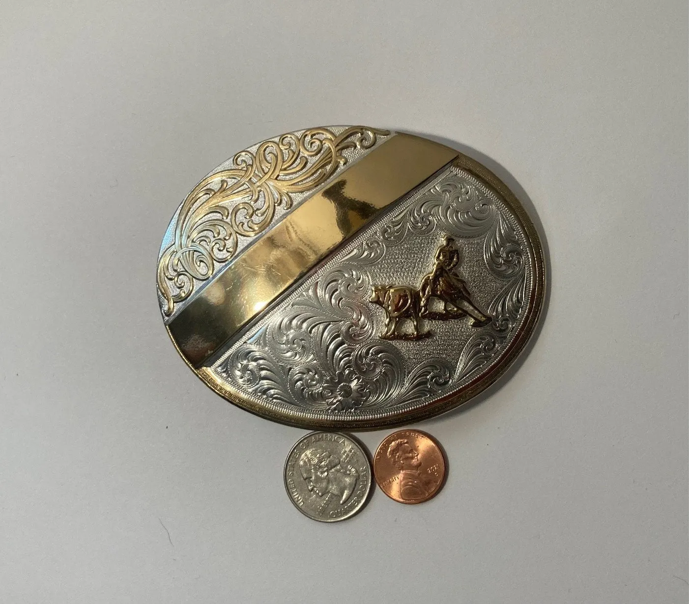 Vintage Metal Belt Buckle, Silver and Brass, Cutting Horse, Cow Roping, Nice Western Design, 4" x 3", Heavy Duty, Quality, Montana Silver