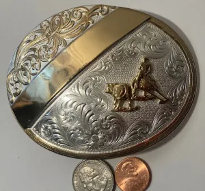 Vintage Metal Belt Buckle, Silver and Brass, Cutting Horse, Cow Roping, Nice Western Design, 4" x 3", Heavy Duty, Quality, Montana Silver