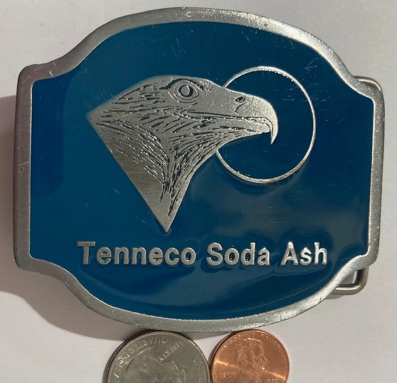 Vintage Metal Belt Buckle, Tenneco Soda Ash, Blue Enamel, Heavy Duty, Quality, Fashion, Belts, Shelf Display, Free Shipping