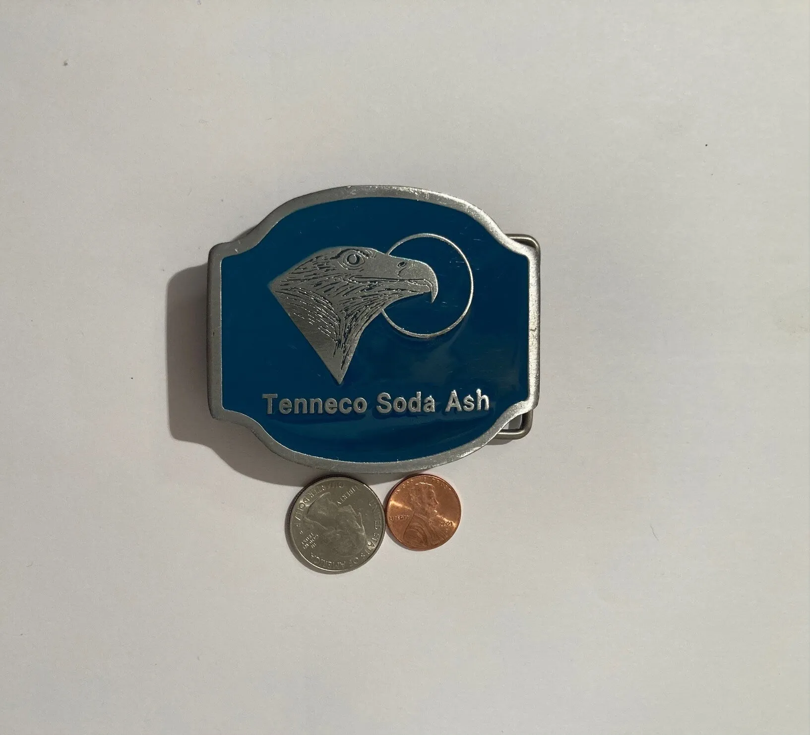 Vintage Metal Belt Buckle, Tenneco Soda Ash, Blue Enamel, Heavy Duty, Quality, Fashion, Belts, Shelf Display, Free Shipping