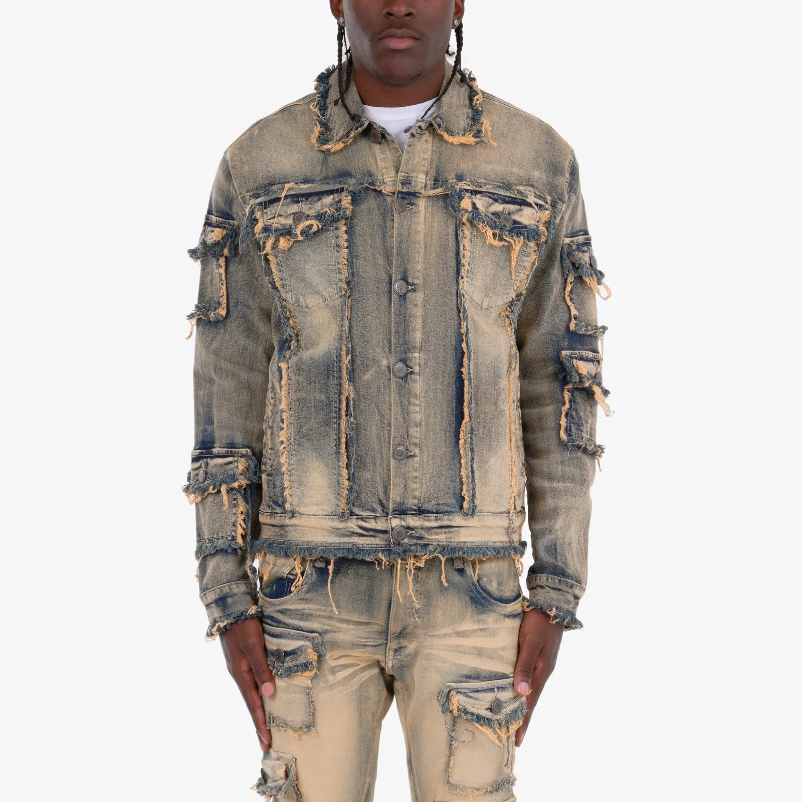 VINTAGE WASHED FRAYED DENIM JACKET