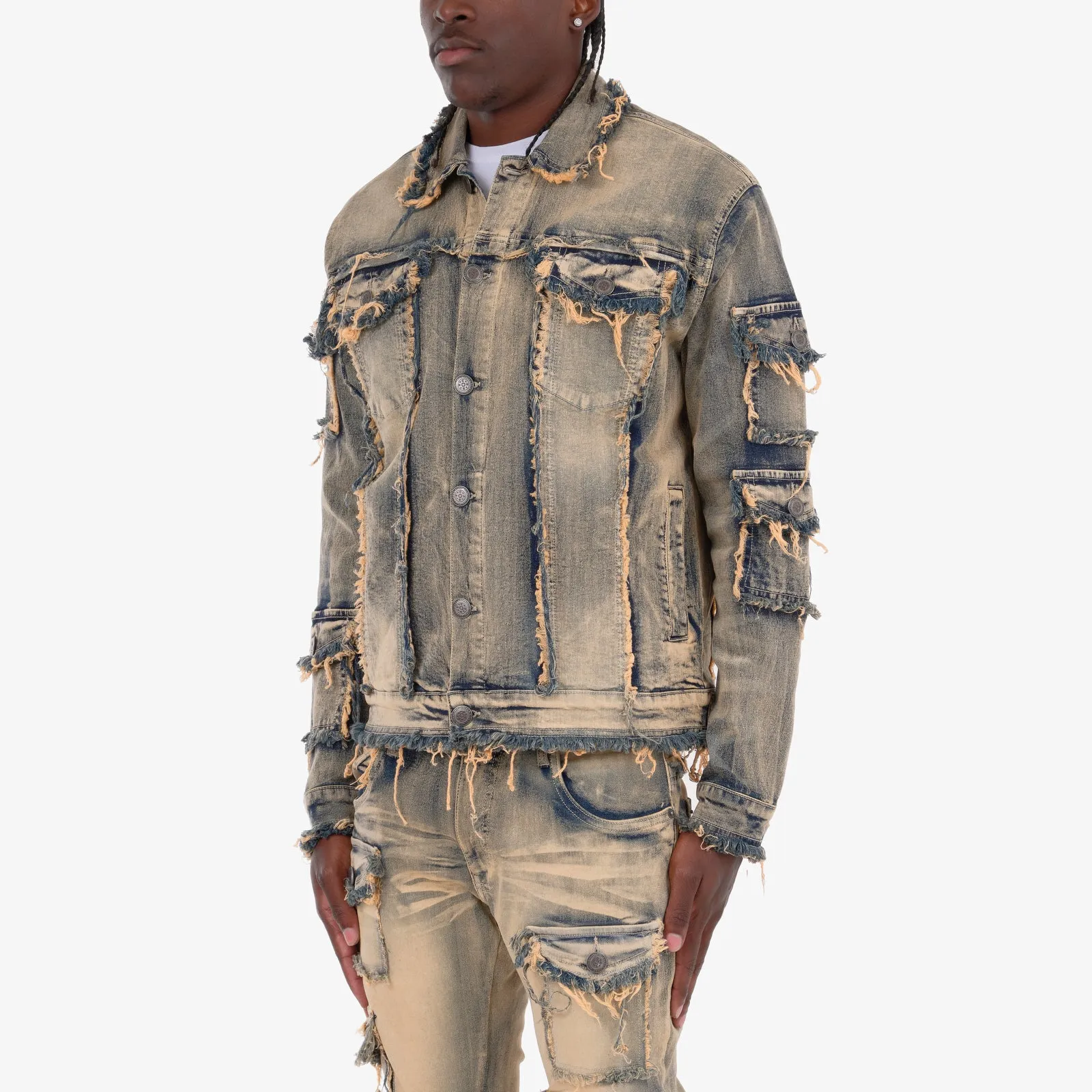 VINTAGE WASHED FRAYED DENIM JACKET