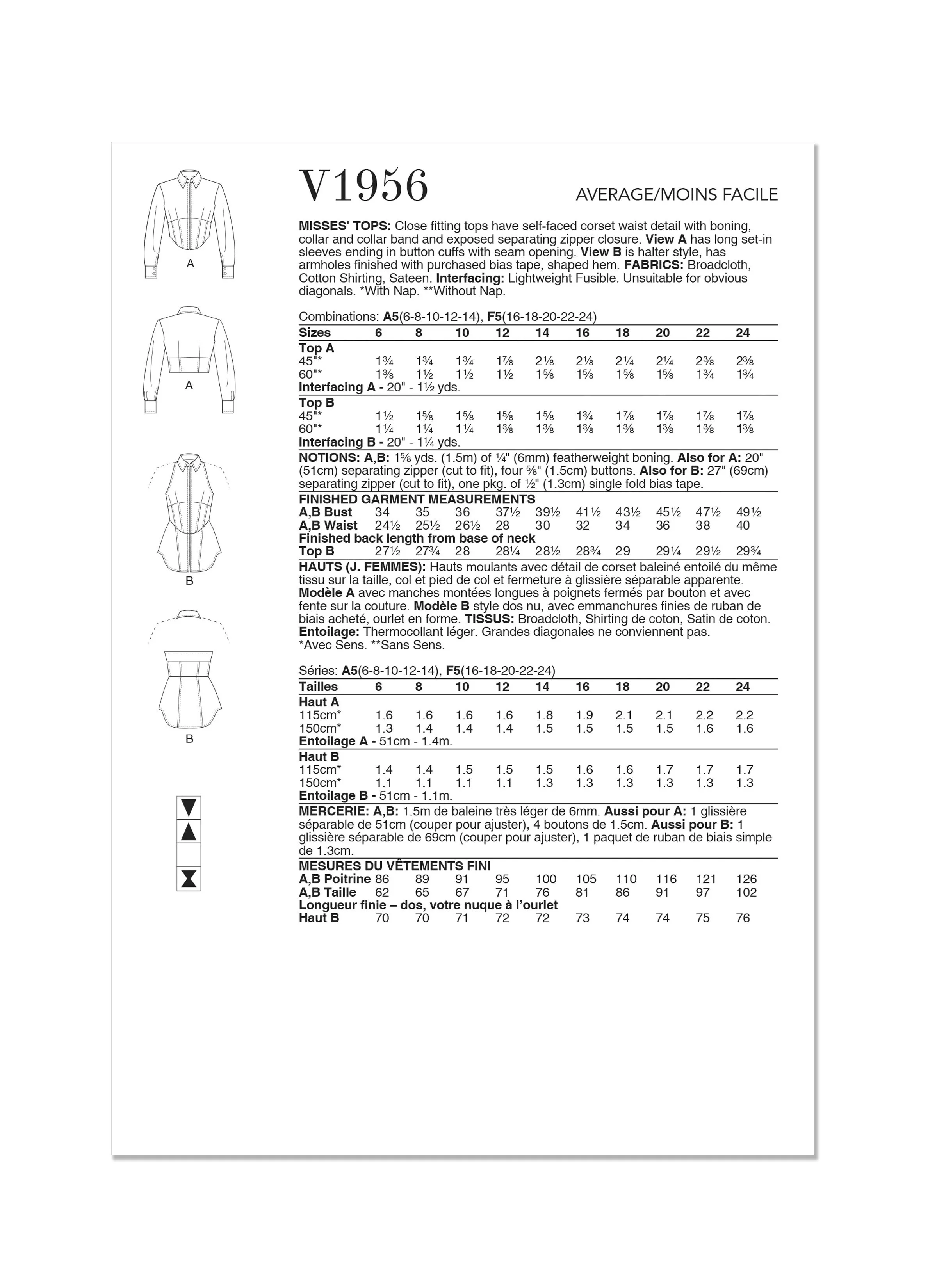 Vogue sewing pattern 1956 Misses' Tops