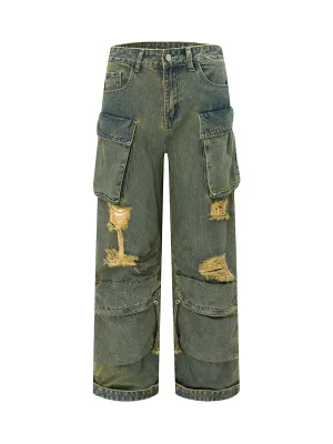 Wasteland Style Washed Distressed Work Cargo Jeans