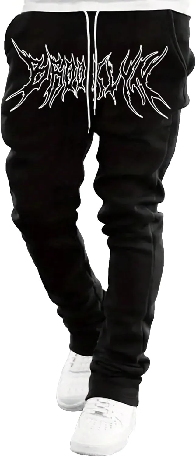 WDIRARA Men's Graphic Printed Stacked Sweatpants Flared Leg Y2K Drawstring Waisted Casual Jogger Pants with Pockets