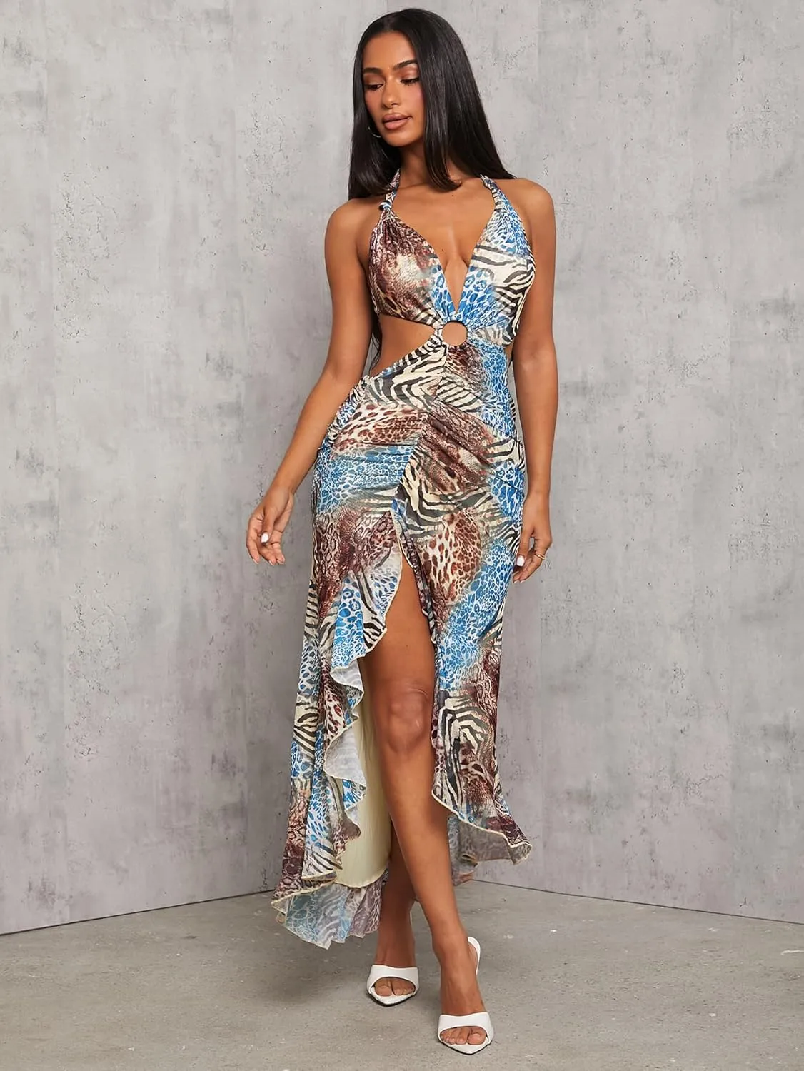 WDIRARA Women's Halter Cut Out Dress Printing Ruffle Asymmetrical Hem High Slit Mesh Dresses