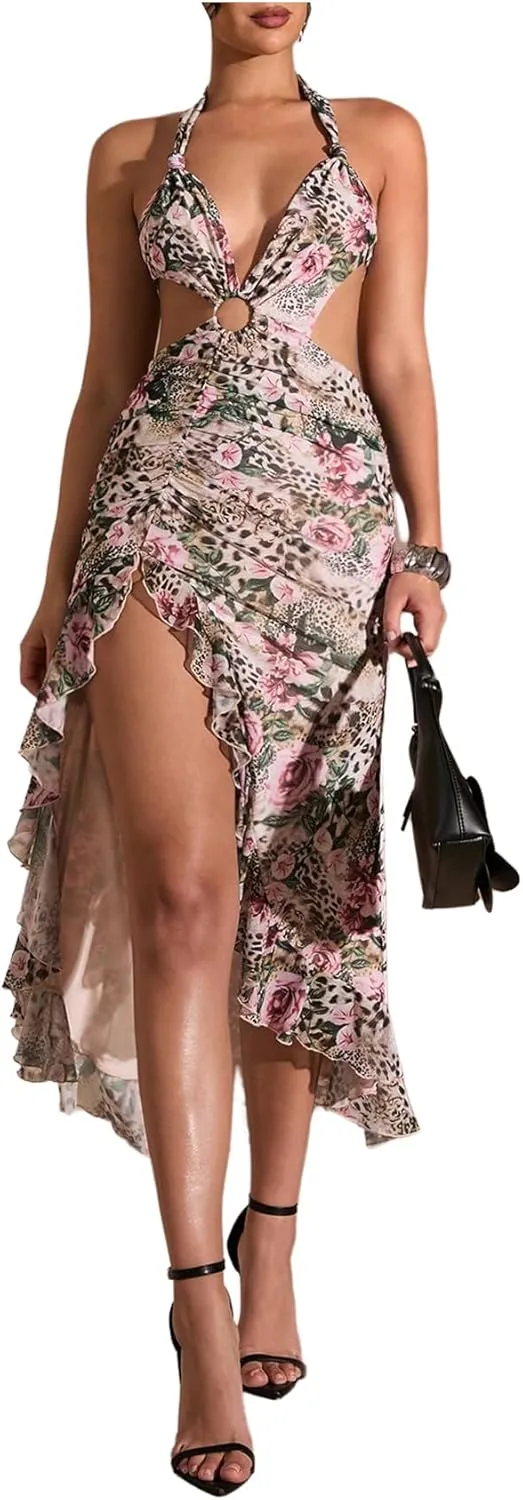 WDIRARA Women's Halter Cut Out Dress Printing Ruffle Asymmetrical Hem High Slit Mesh Dresses