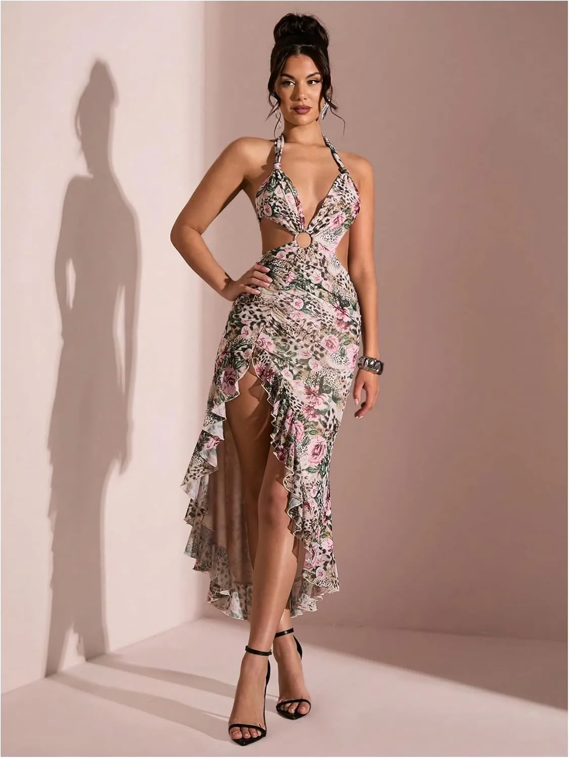 WDIRARA Women's Halter Cut Out Dress Printing Ruffle Asymmetrical Hem High Slit Mesh Dresses