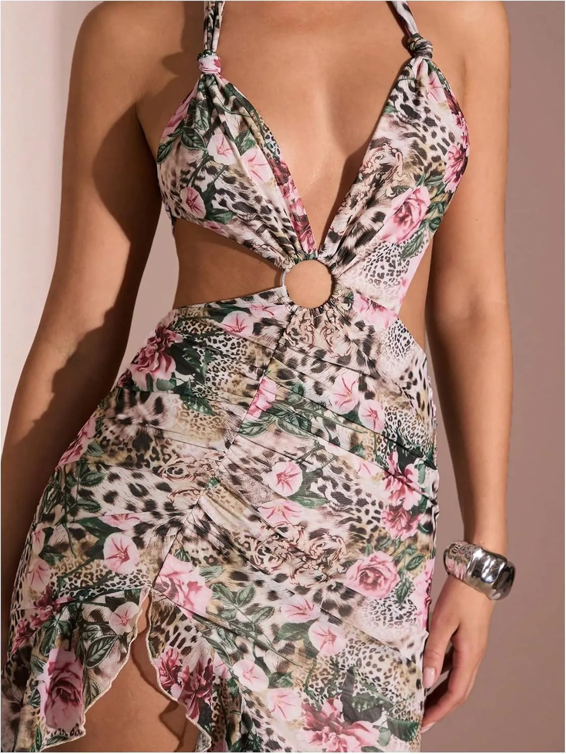 WDIRARA Women's Halter Cut Out Dress Printing Ruffle Asymmetrical Hem High Slit Mesh Dresses