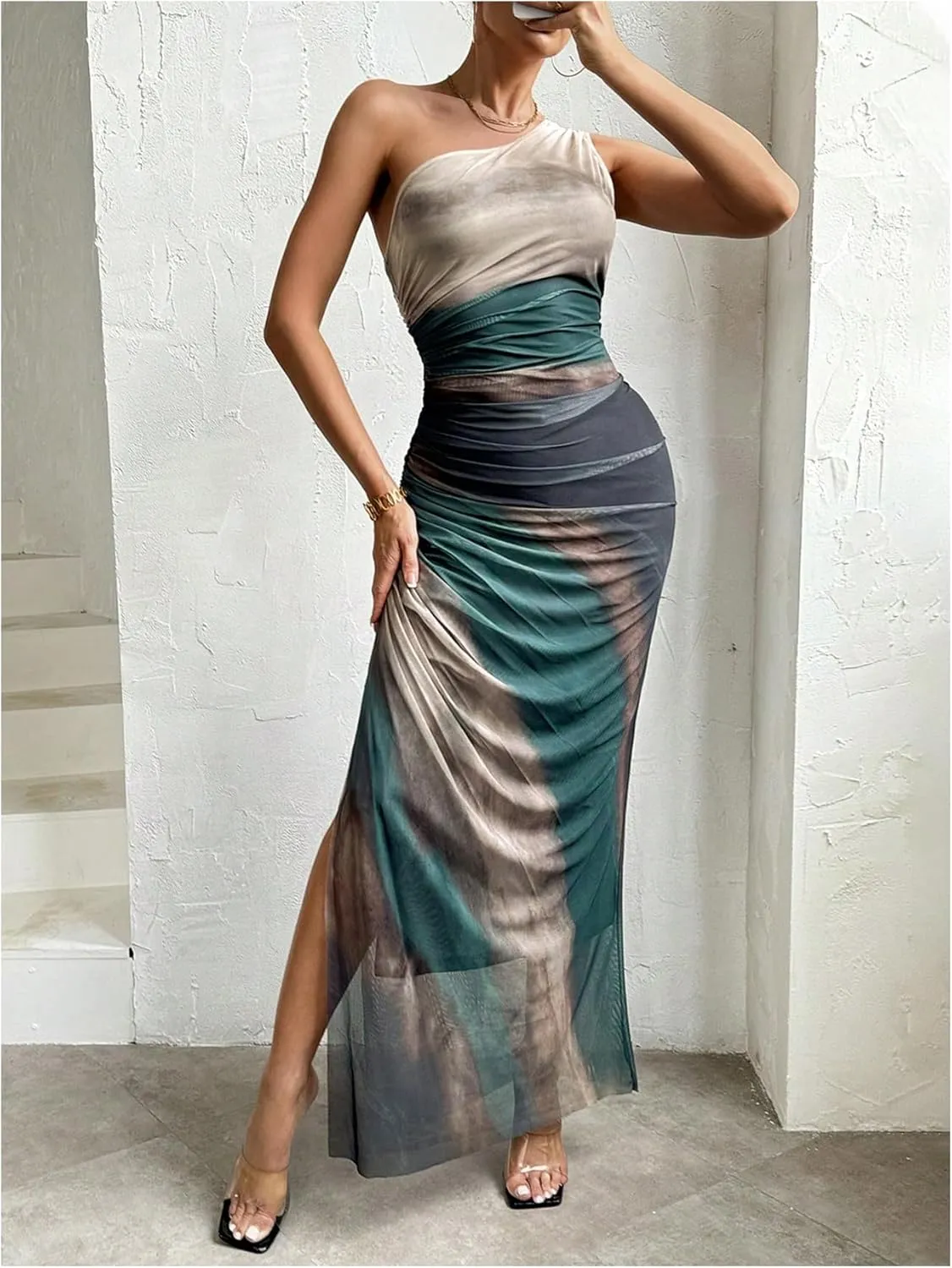 WDIRARA Women's One Shoulder Mesh Ruched Maxi Dress Tie Dye High Slit Bodycon Dresses