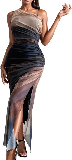WDIRARA Women's One Shoulder Mesh Ruched Maxi Dress Tie Dye High Slit Bodycon Dresses