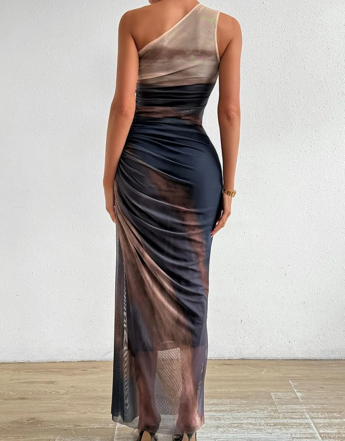 WDIRARA Women's One Shoulder Mesh Ruched Maxi Dress Tie Dye High Slit Bodycon Dresses