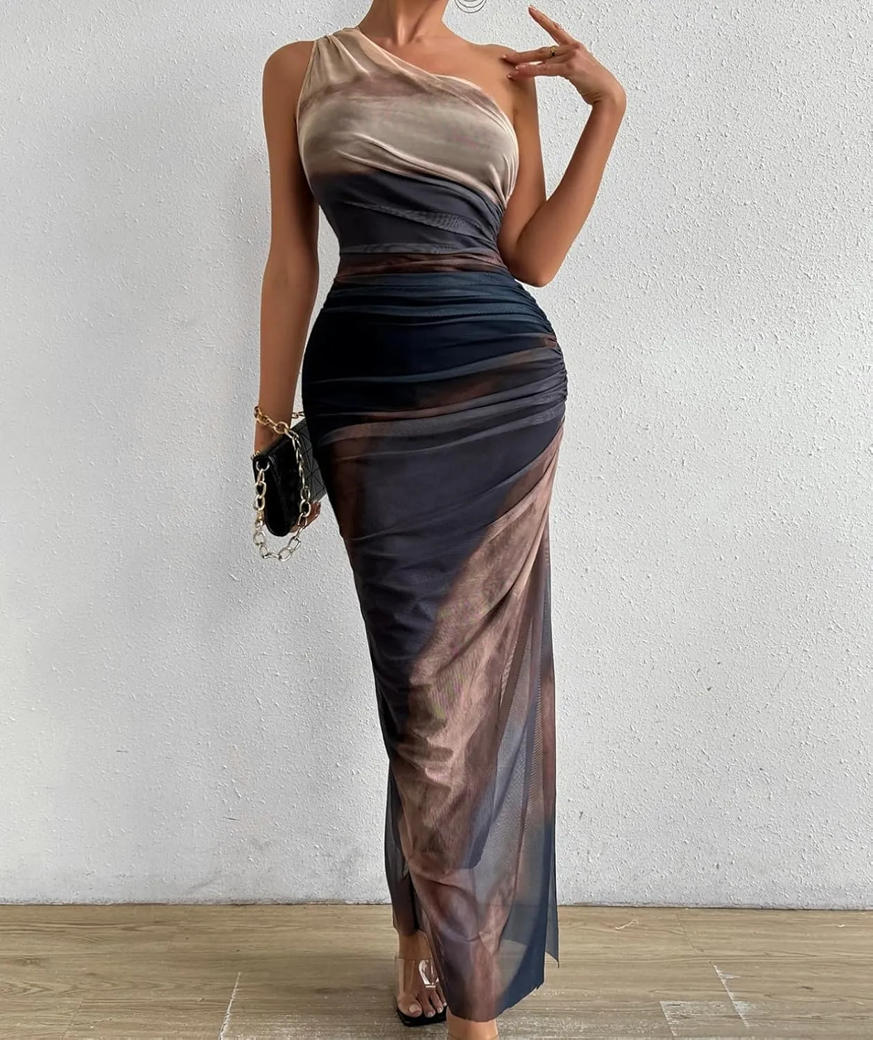 WDIRARA Women's One Shoulder Mesh Ruched Maxi Dress Tie Dye High Slit Bodycon Dresses