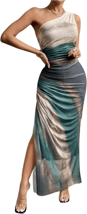 WDIRARA Women's One Shoulder Mesh Ruched Maxi Dress Tie Dye High Slit Bodycon Dresses