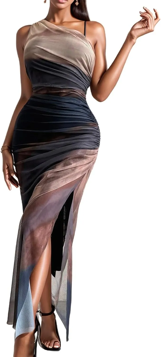 WDIRARA Women's One Shoulder Mesh Ruched Maxi Dress Tie Dye High Slit Bodycon Dresses