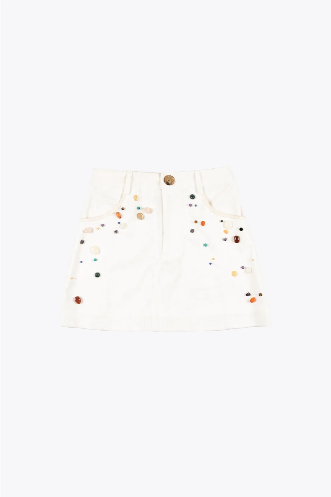 white denim moonstone mini skirt
