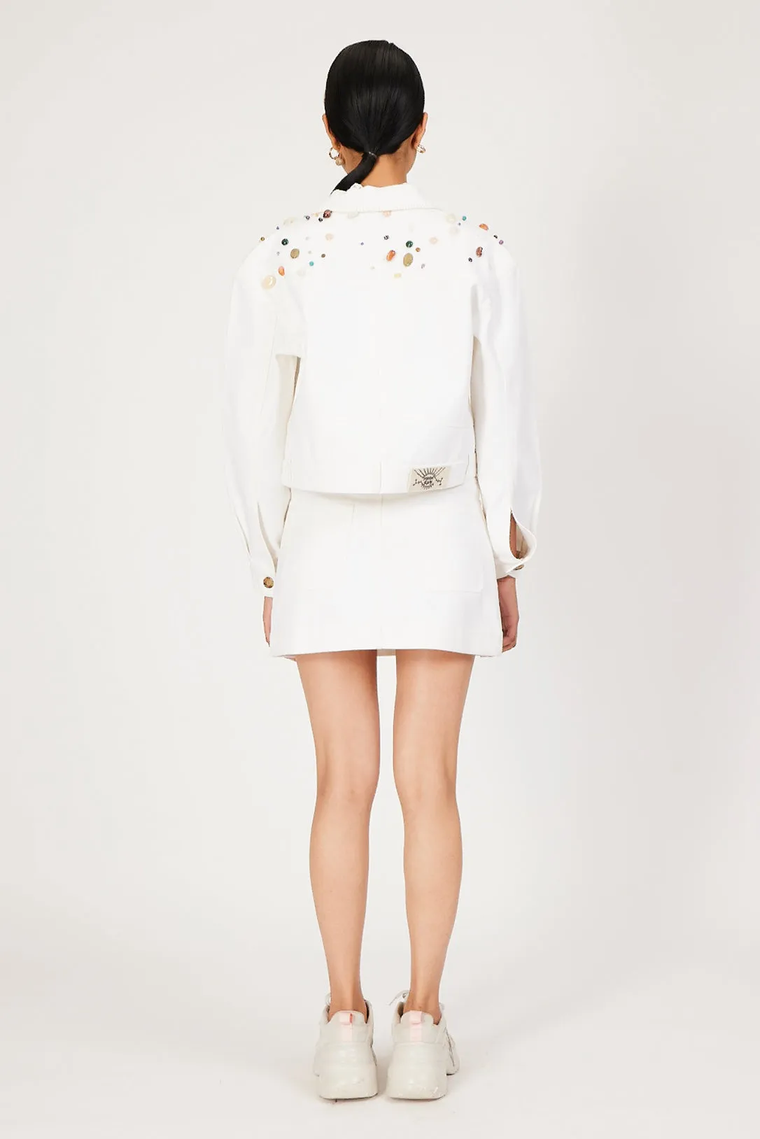 white denim moonstone mini skirt