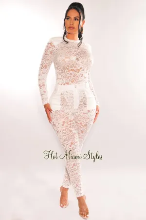White Floral Lace Sheer Padded Shoulder Bodysuit Pants Two Piece Set