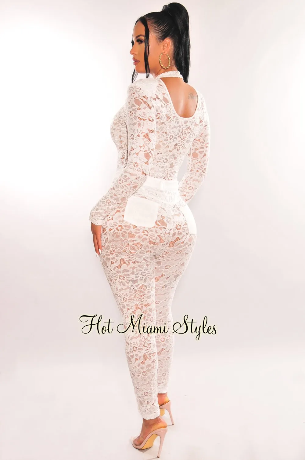 White Floral Lace Sheer Padded Shoulder Bodysuit Pants Two Piece Set