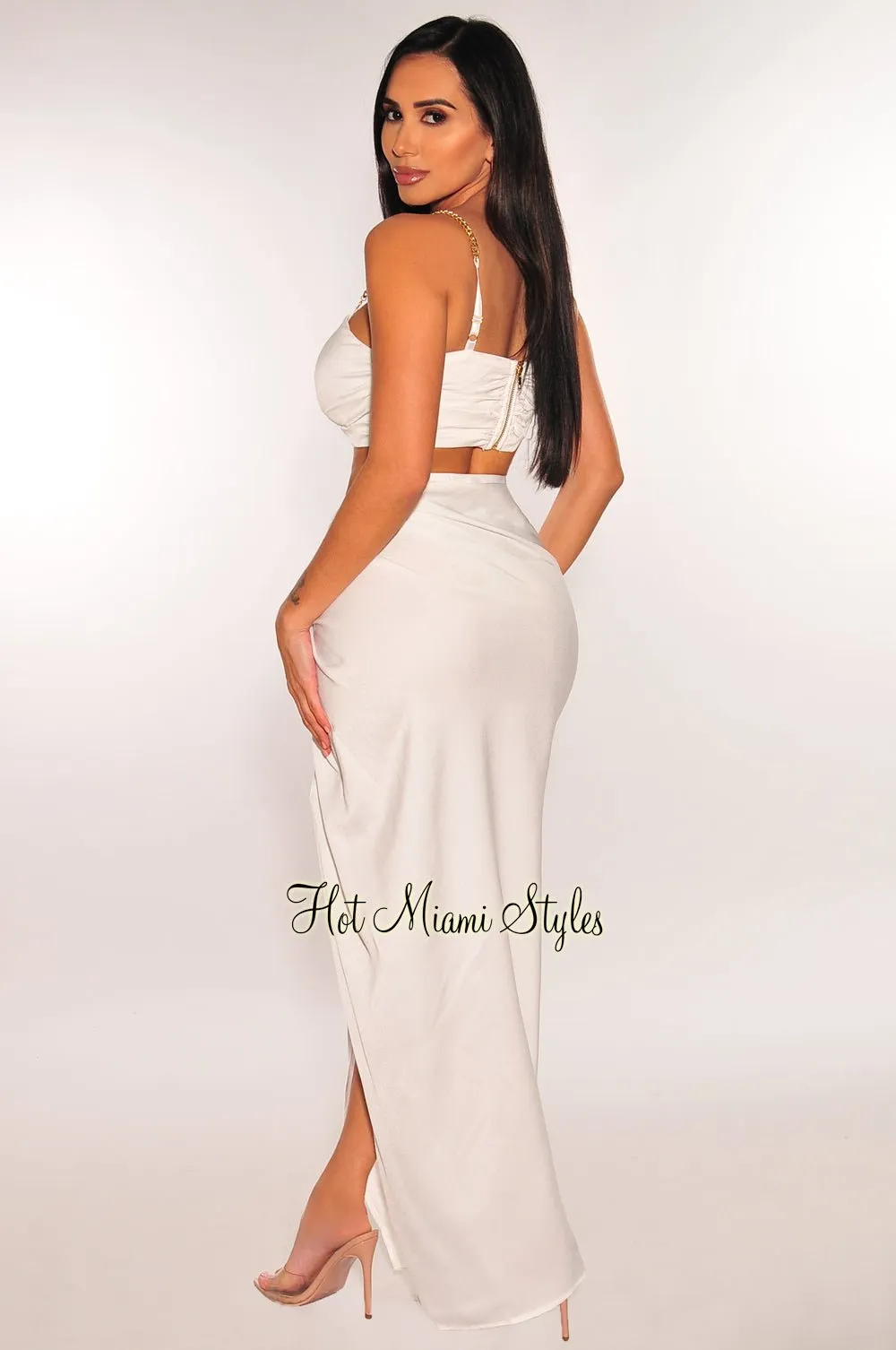 White Gold Chain Padded Knotted Slit Skirt Two Piece Set