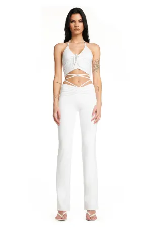 White Lace-Up Ruched Flare Pants & Halter Crop Top