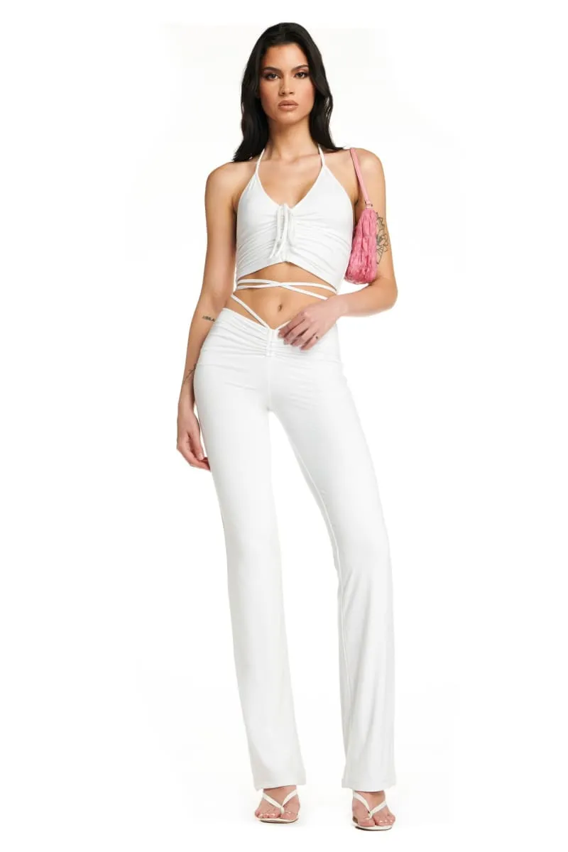 White Lace-Up Ruched Flare Pants & Halter Crop Top