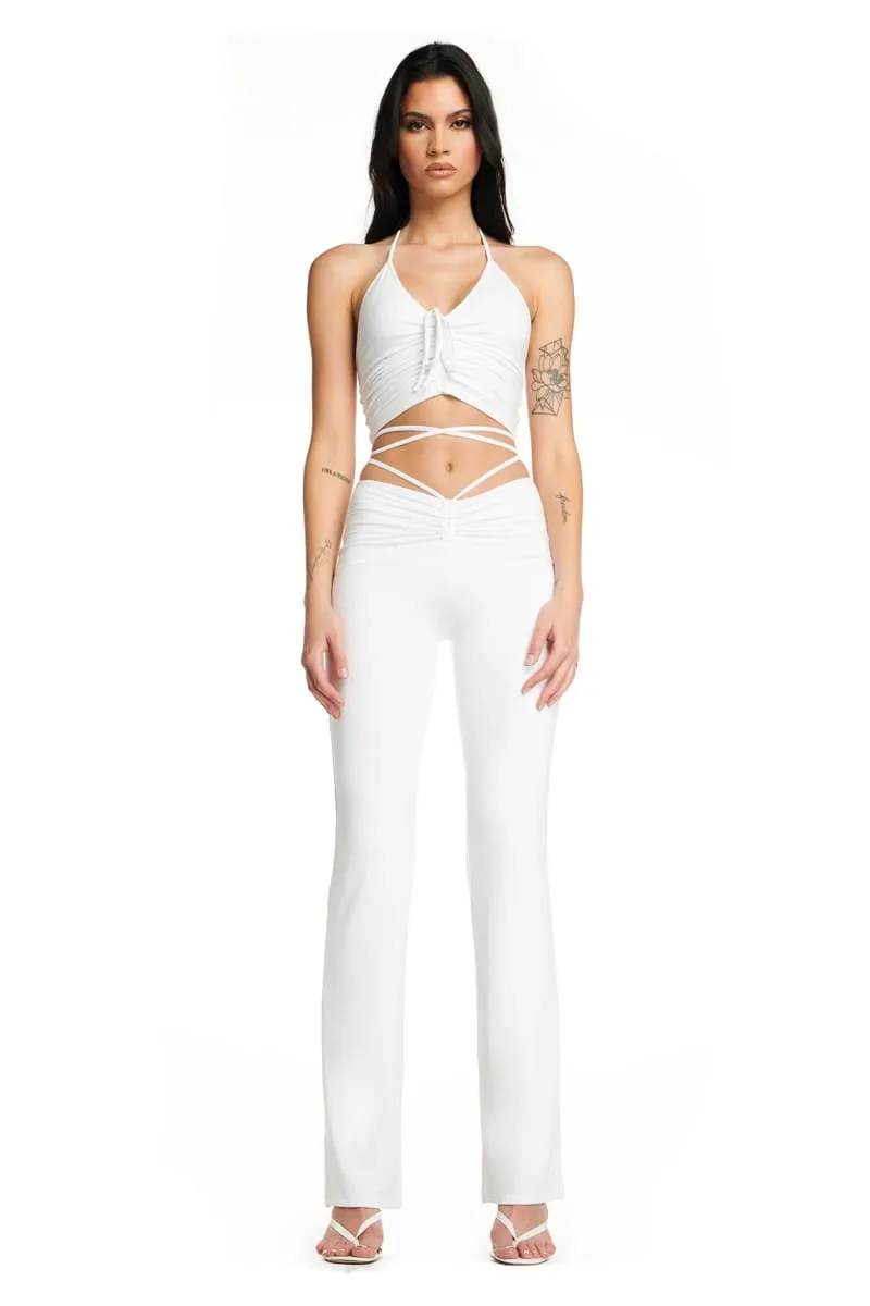 White Lace-Up Ruched Flare Pants & Halter Crop Top