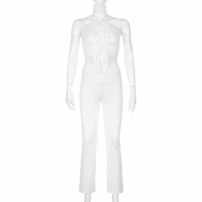 White Lace-Up Ruched Flare Pants & Halter Crop Top