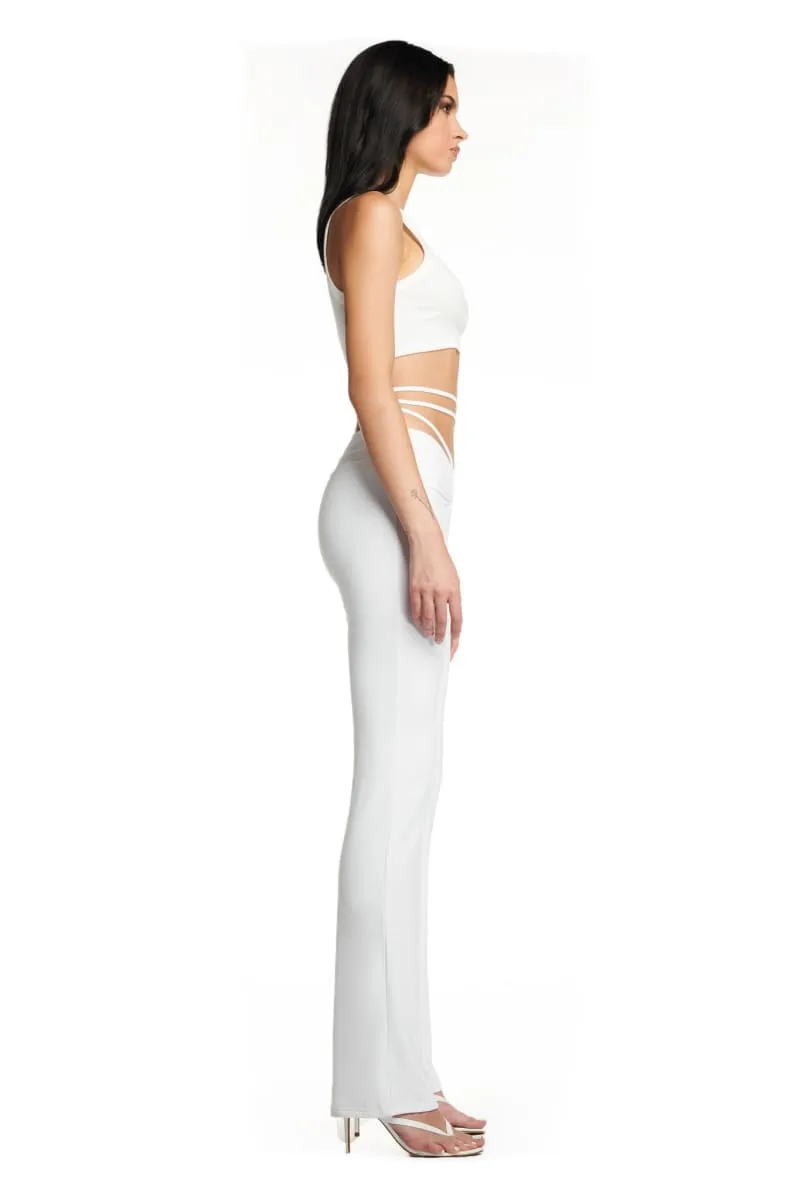 White Lace-Up Ruched Flare Pants & Halter Crop Top