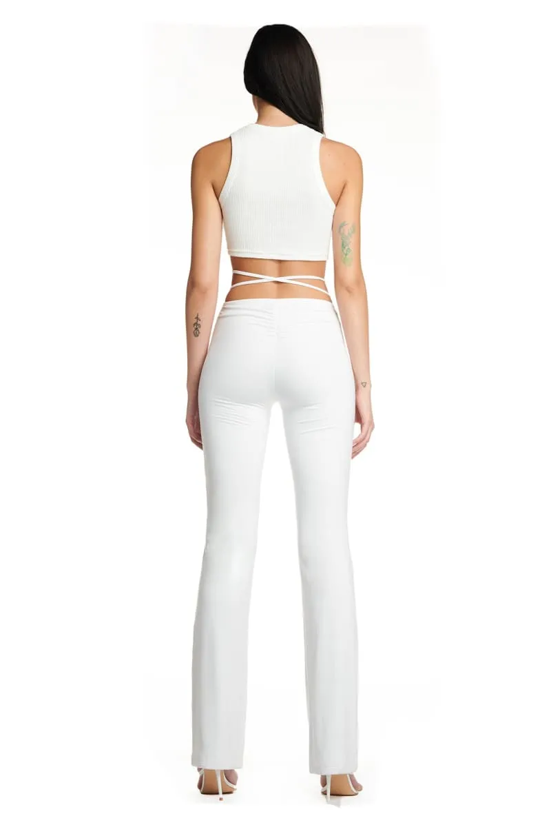 White Lace-Up Ruched Flare Pants & Halter Crop Top