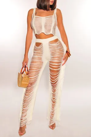 White Sleeveless Ladder Cut Fringe Pants Two Piece Set